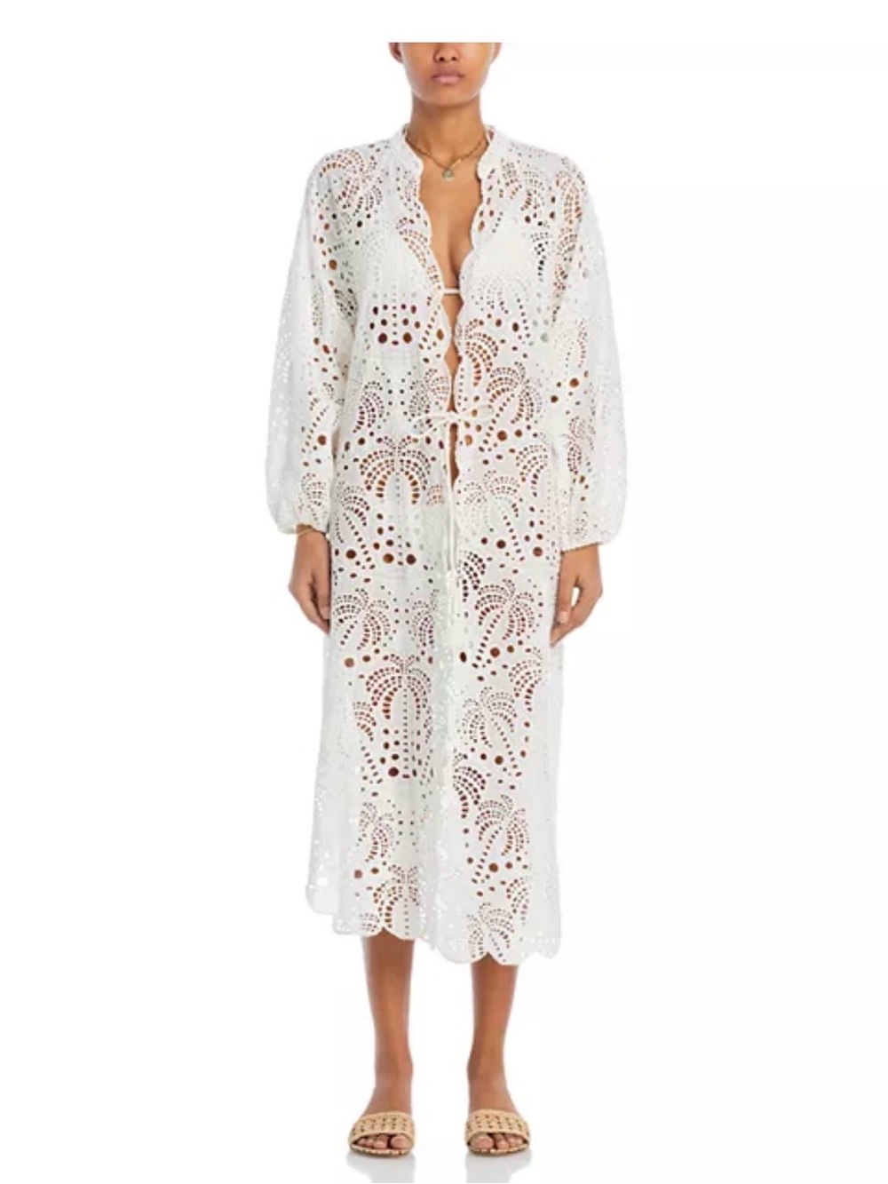 NWT FARM Rio White Crochet Long Sleeve Swim Coverup “Laise Eyelet kimono”